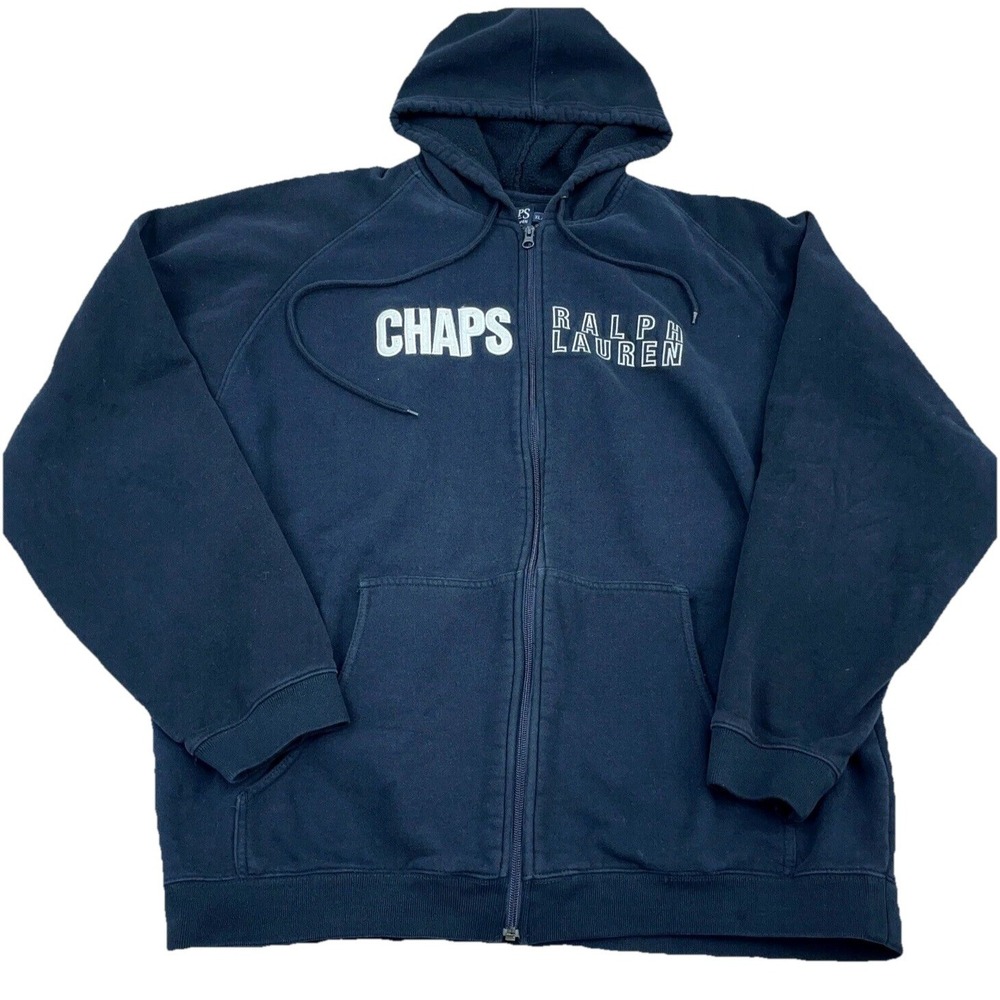 Vintage Ralph Lauren Chaps Hoodie Men XL Black Sweatshirt Jacket Spell Out Y2K